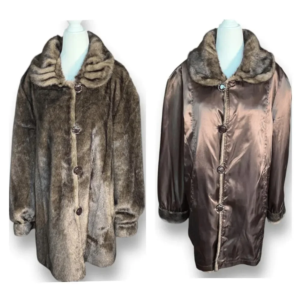 Vintage Reversible Brown Faux Fur Coat Satin Lining‎ Button Front Large Winter